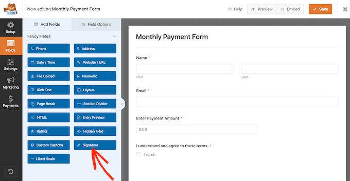 WPForms 編輯器中的簽名字段