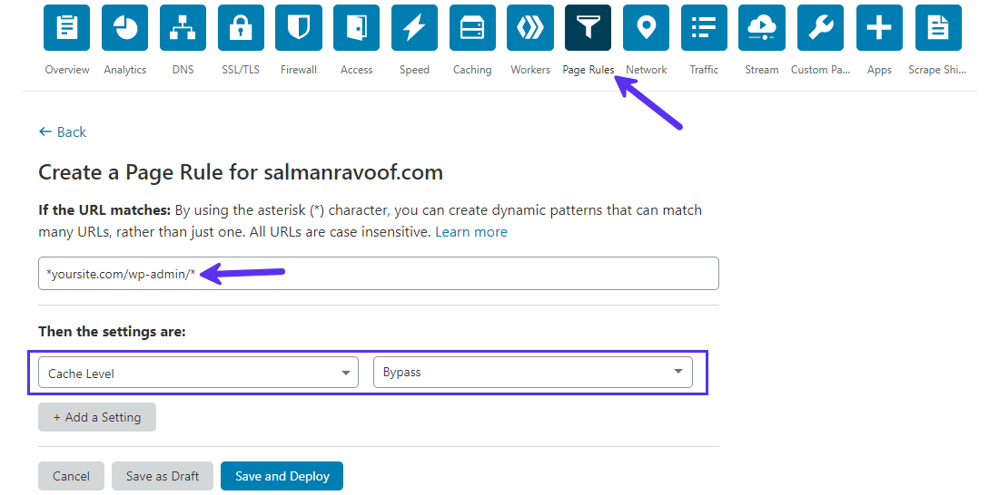 Cloudflare Page Rules section for disabling cache on admin panel WordPress