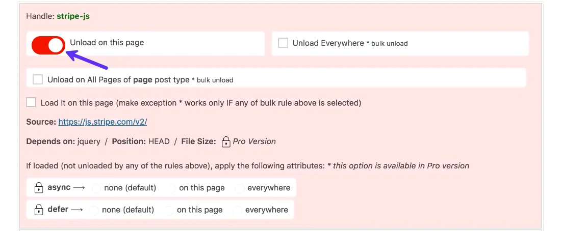 Unloading the Stripe payment gateway script from loading on a page with Asset CleanUp plugin