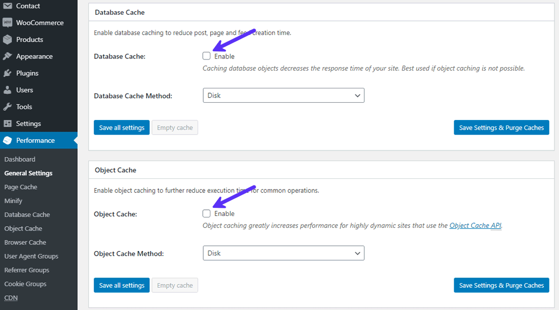 W3 Total Cache Disable Database and Object Cache