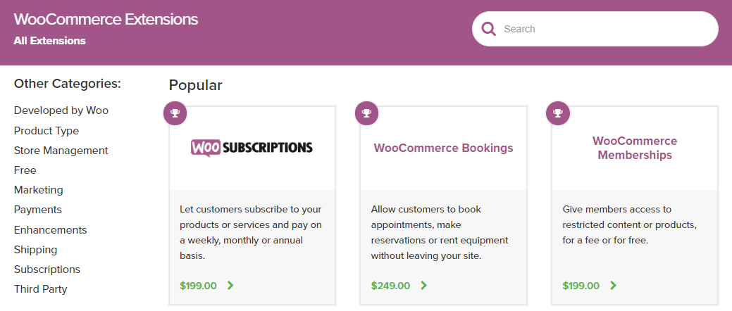 WooCommerce Extensions Store page