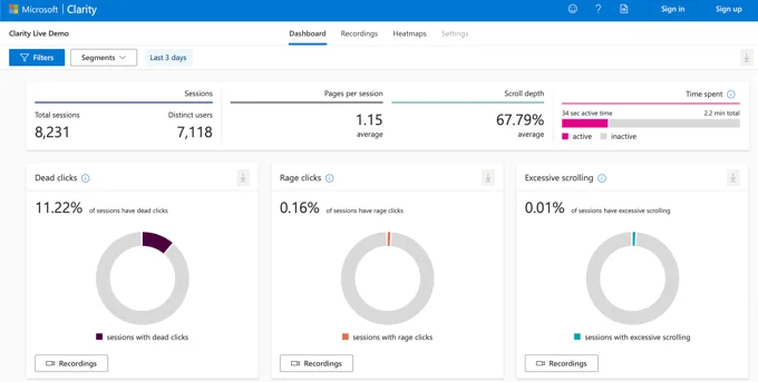 查看 Microsoft Clarity 分析儀錶板