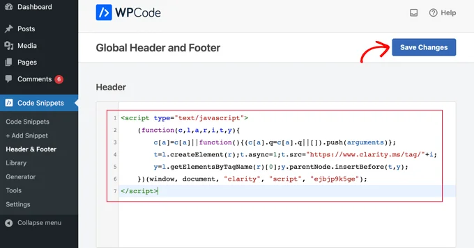 將 Microsoft Clarity Tracking 代碼粘貼到 WPCode 的標頭欄位中