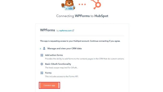 按兩下連接應用程式按鈕連接 WPForms 和 HubSpot