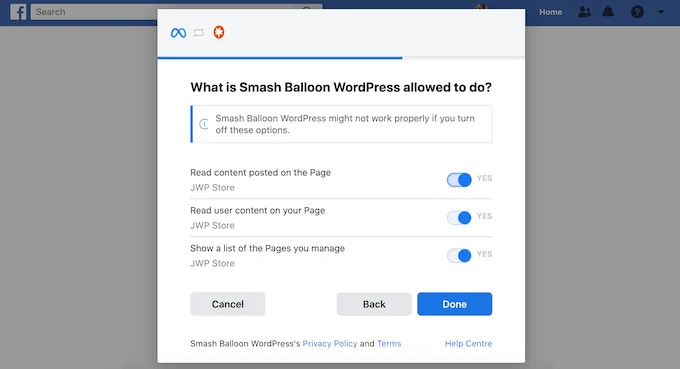 授予 Smash Balloon 訪問您的 Facebook 頁面或群組的許可權