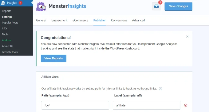 MonsterInsights 中的發行者設置