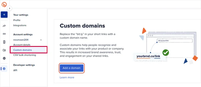 將自訂域添加到 Bitly