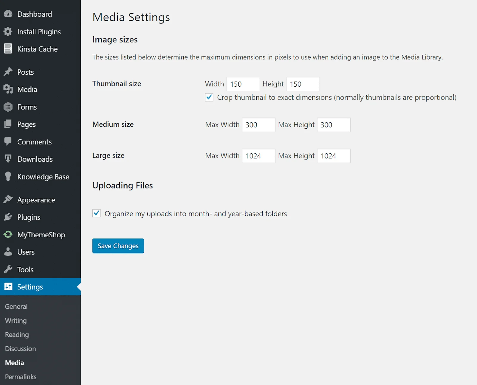 Setting the image sizes in WordPress Media Settings.