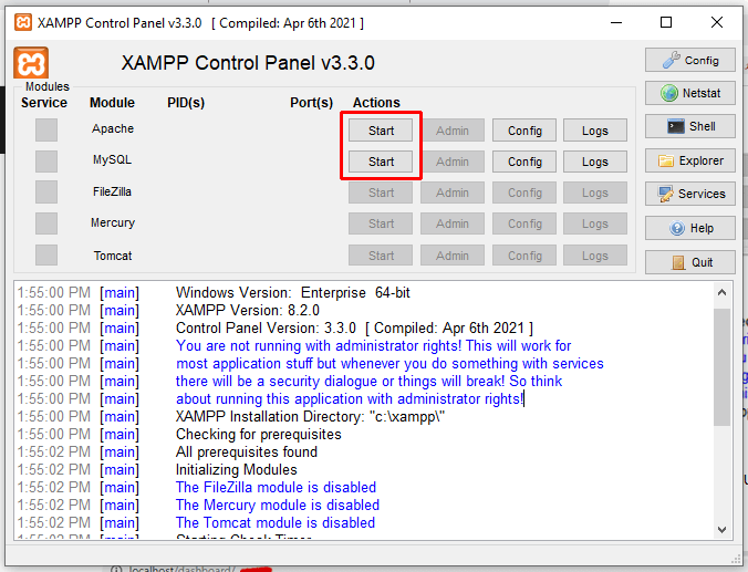 Apache and MySQL Start Button