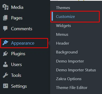 Appearance to Customize Zakra Theme