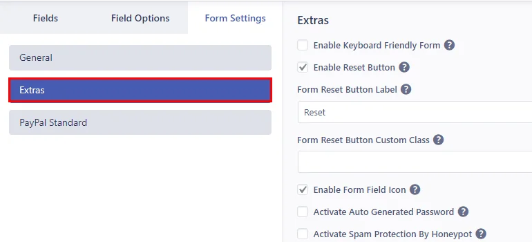 Configure Extras Settings