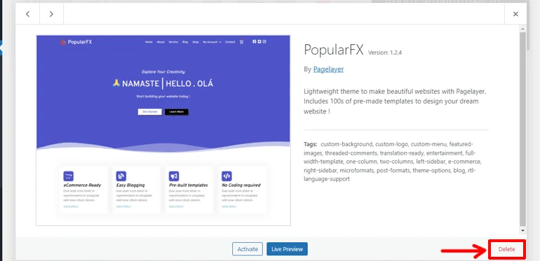Delete Button How to Delete a Theme in WordPress