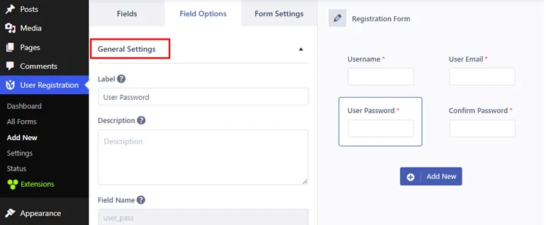 Field Options General Settings