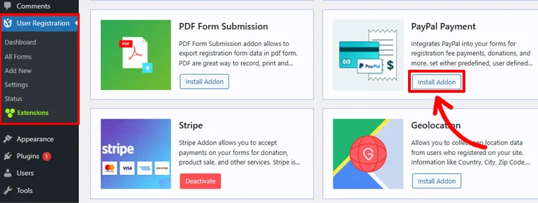 Install Payments Addon User Registration