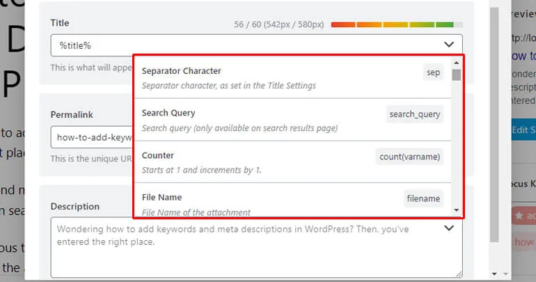 Variables for Meta Description