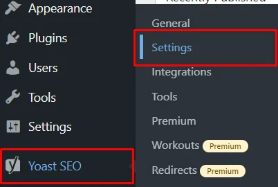 Yoast SEO to Settings