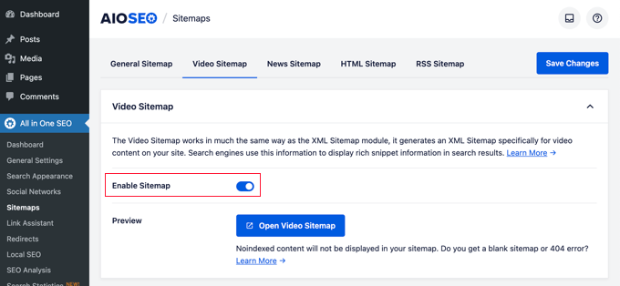 在 WordPress 的 All in One SEO 中启用视频站点地图