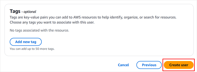 Saving changes to the new Amazon S3 user