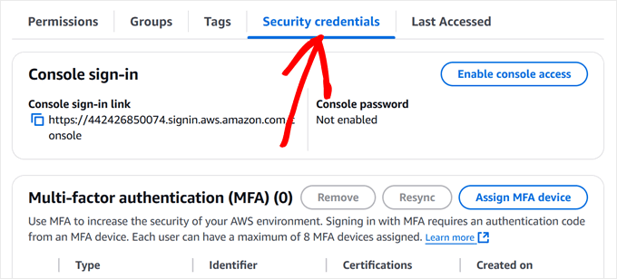 Navigating to the Security Credentials tab in Amazon S3