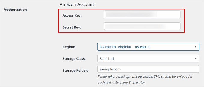 Pasting Amazon S3 access keys in Duplicator