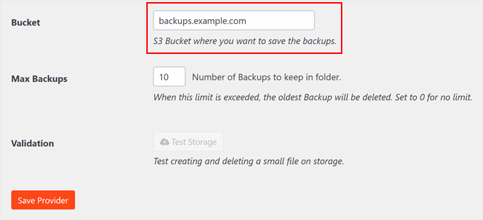 Entering your Amazon S3 bucket name in Duplicator